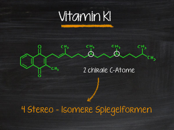 Vitamin K1 und 2 chirale C-Atome bewirken 4 Stereo-Isomere. © foodfibel.de .