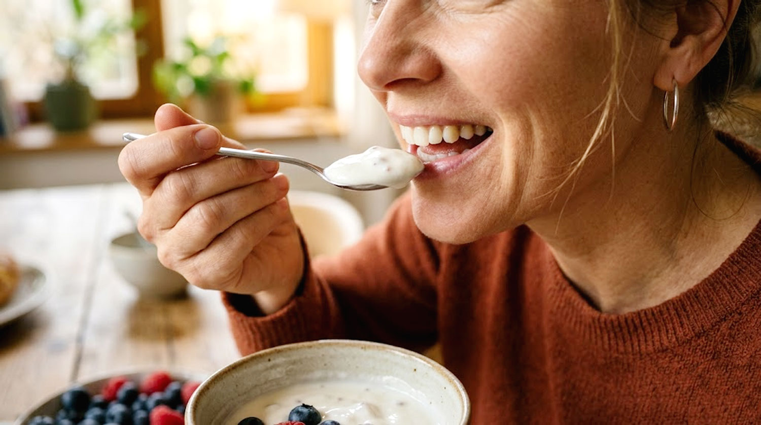 Eine Frau nimmt einen Löffel probiotischen Joghurt zu sich – Symbolbild für ein gesundes Mund- und Darmmikrobiom.